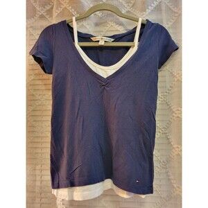 Women Tommy Shirt Layer Tank Vintage 90s Y2K V Neck Navy Preppy Clueless College